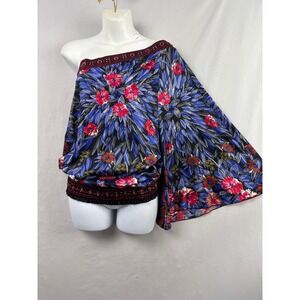 Ice One Shoulder Blouse Women XL Blue Pink Floral Butterfly Sleeve Smocked Hem